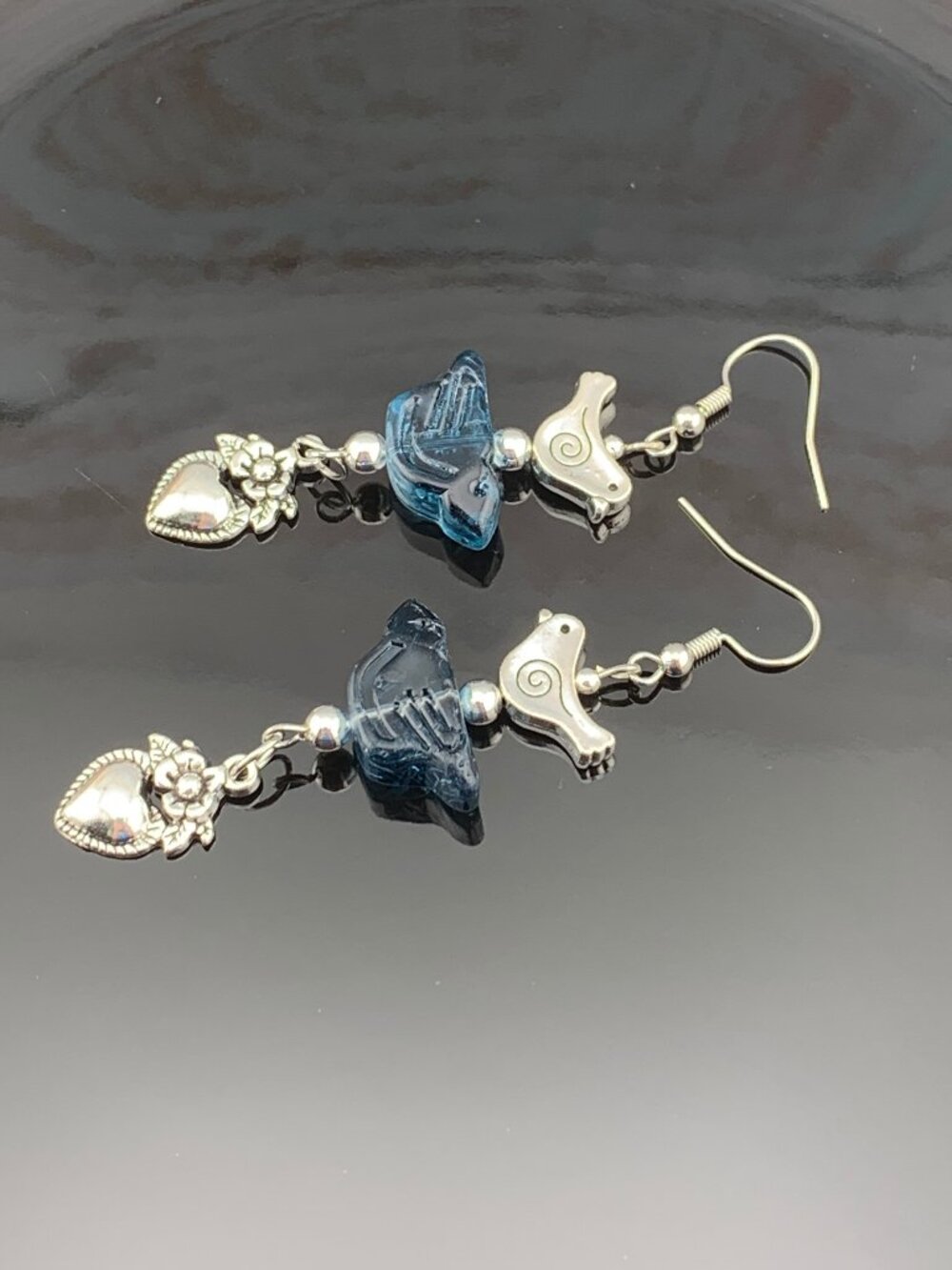 Blue Bird Silver Toned Bird Flowered Heart Handmade Handcrafted Earrings LR201